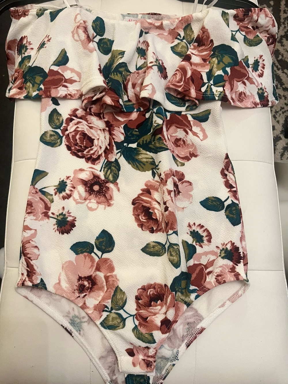 a'gaci White Floral Off-Shoulder One-Piece with Pink Roses
